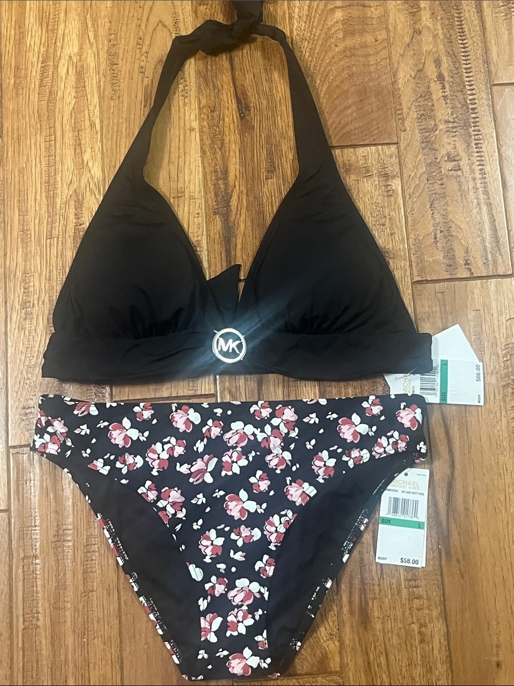 Michael Kors Black Floral Halter Bikini Set large nwt #2